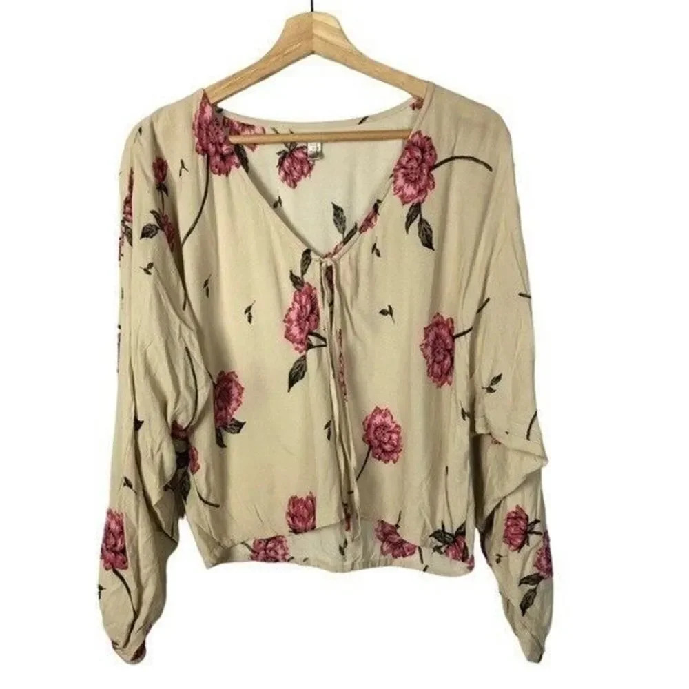 Amuse Society Beige Floral Long Sleeve Blouse S